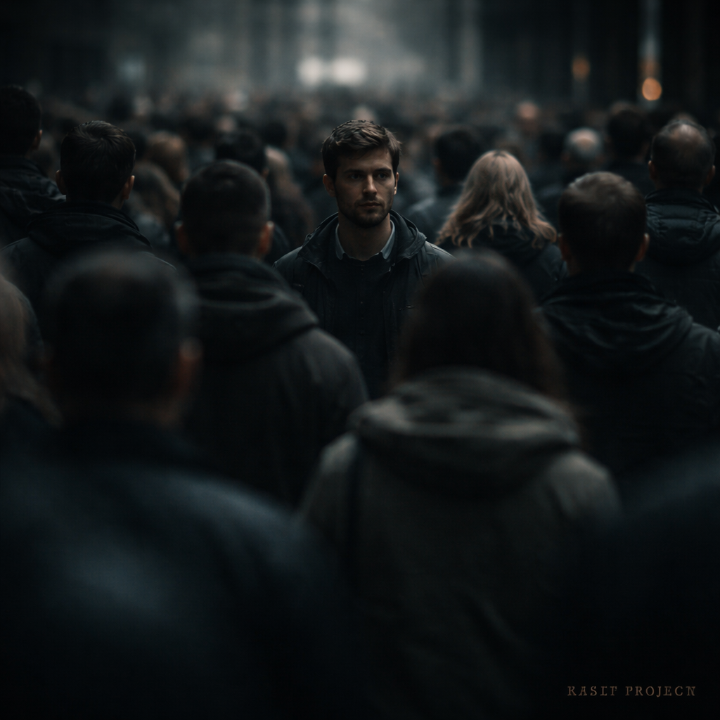 Blurred crowd with one slightly focused figure, symbolizing collective systems of betrayal rather than a single individual.