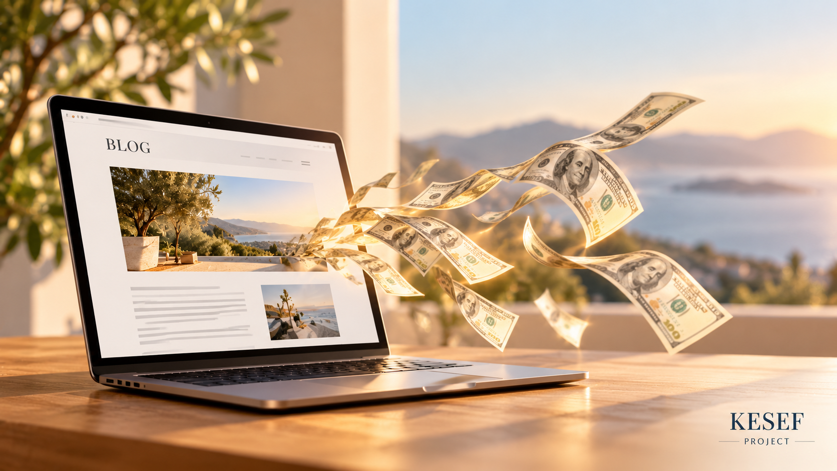 Laptop displaying a blog website with dollar bills flowing out of the screen, symbolizing the promise of earning money through blogging. Kesef Project.