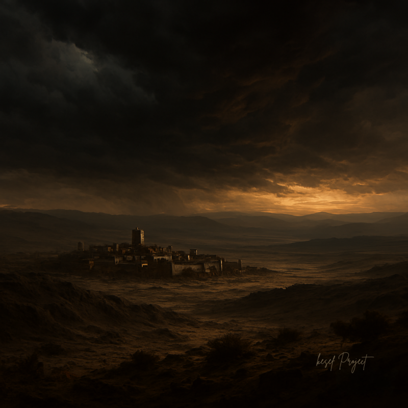 Dark biblical city under storm clouds representing the destruction of Nob during the time of Saul and Doeg