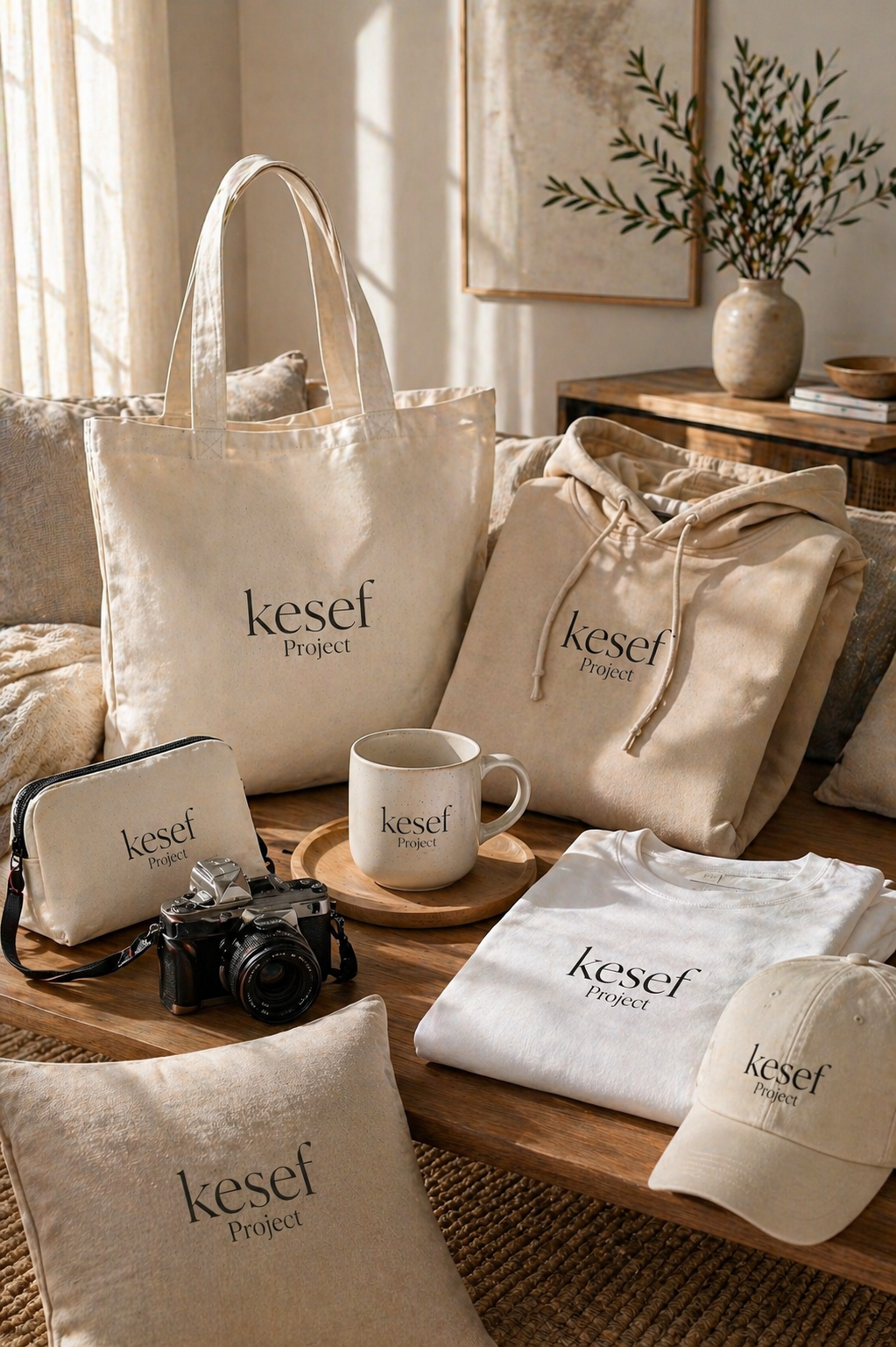 minimalist lifestyle scene with tote bag, hoodie, mug and accessories personalized with kesef project branding