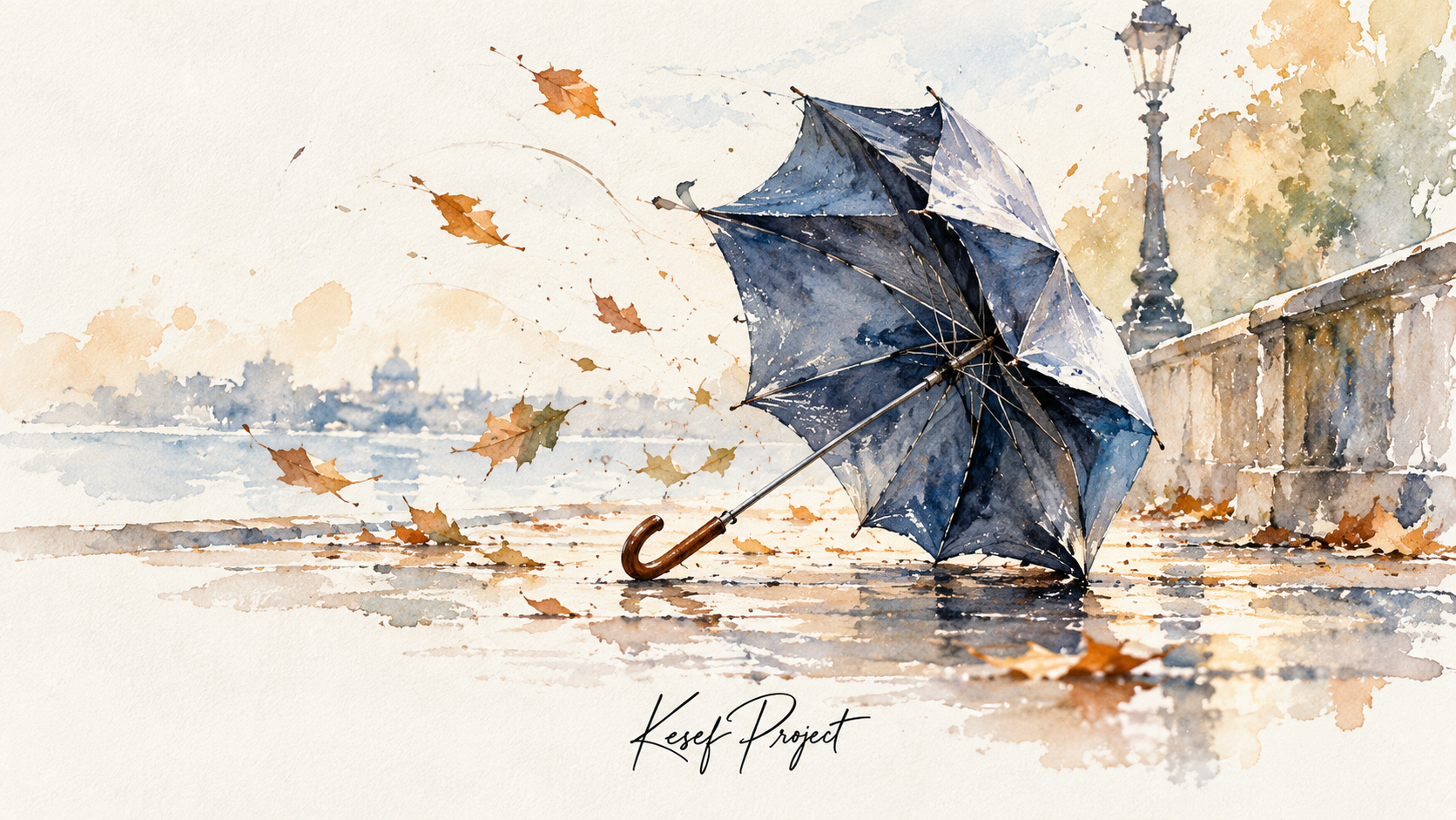 Watercolor illustration of an umbrella turned inside out by the wind