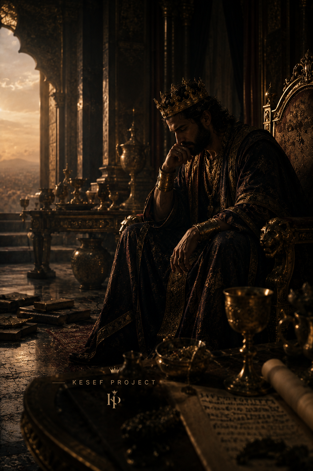 King Solomon surrounded by wealth and luxury while sitting alone in reflective silence and inner emptiness.