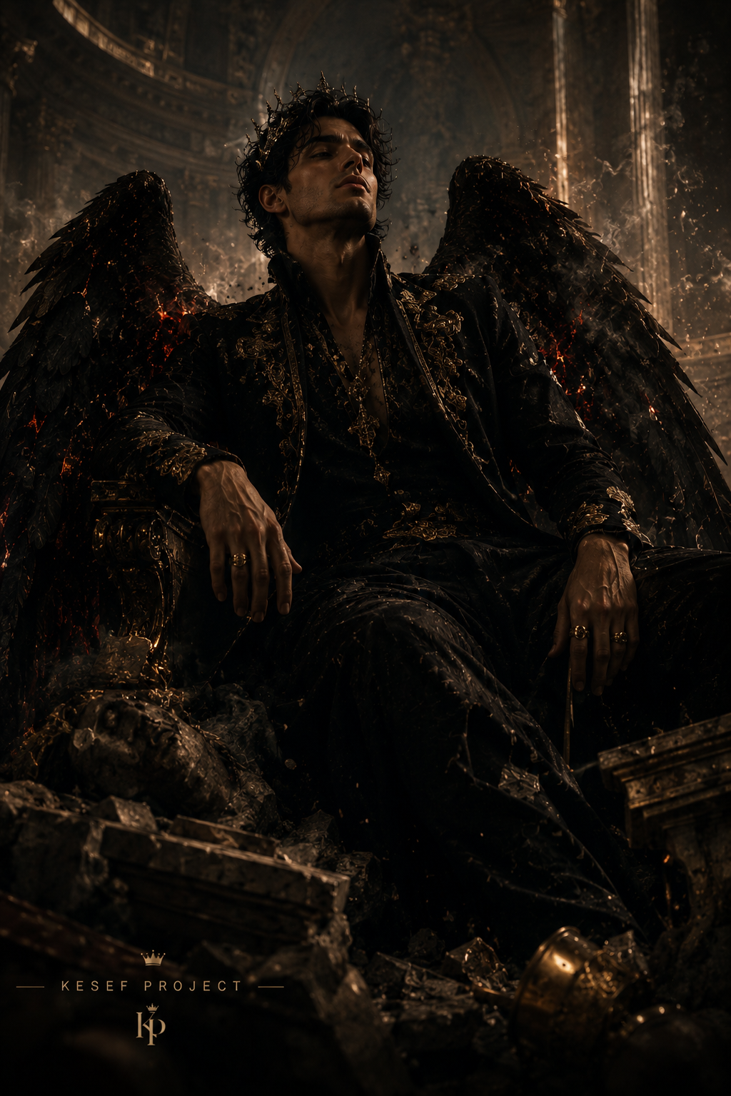 Fallen angel seated in darkness symbolizing pride, corrupted beauty, and spiritual downfall.