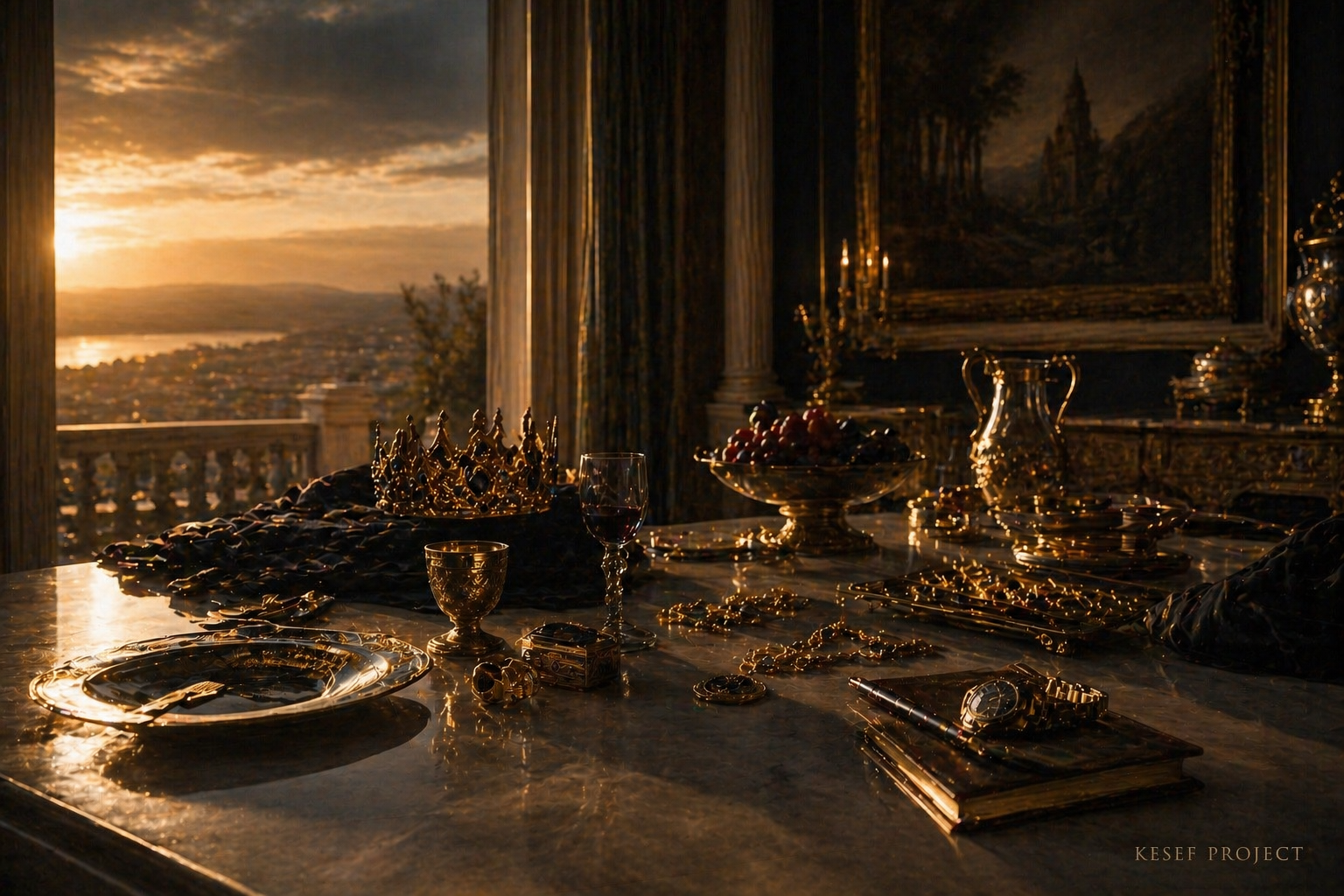 A lavish royal table with gold and luxury items, symbolizing wealth, excess, and the emptiness of vanity