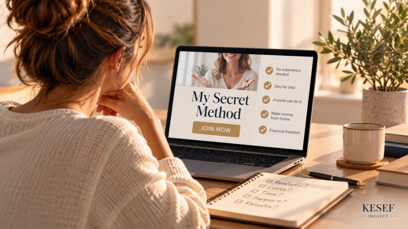 Woman reviewing an online business course promising easy money and financial freedom, with a notebook listing questions about costs, time, support, and results. Kesef Project.