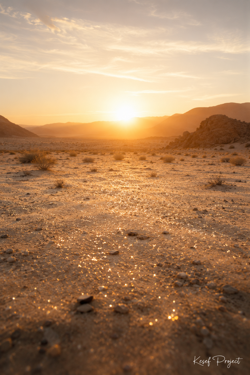 Desert at sunrise with sparkling particles across the sand, symbolizing God's daily provision.