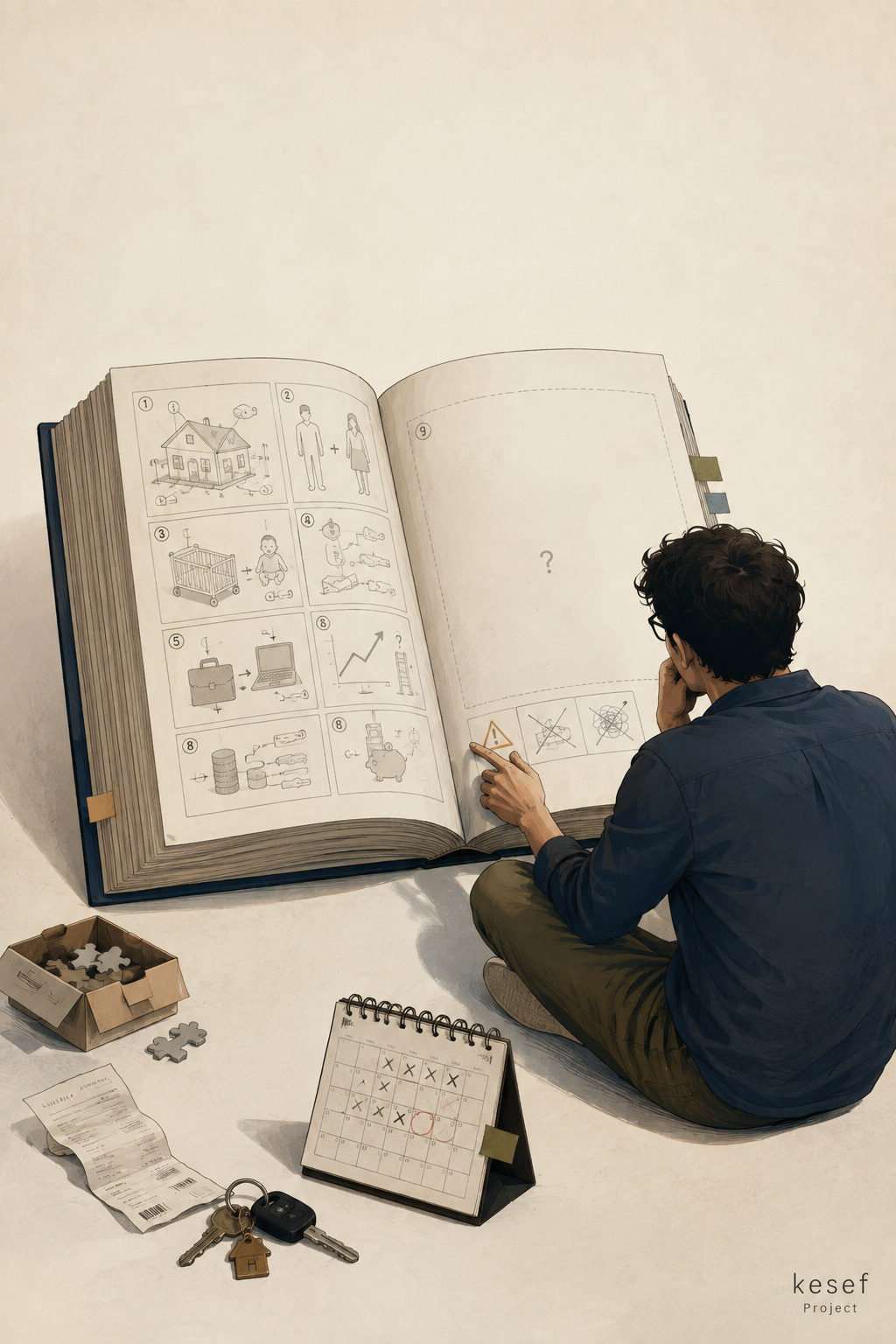 Adult reading a manual for adulthood with a blank instruction page