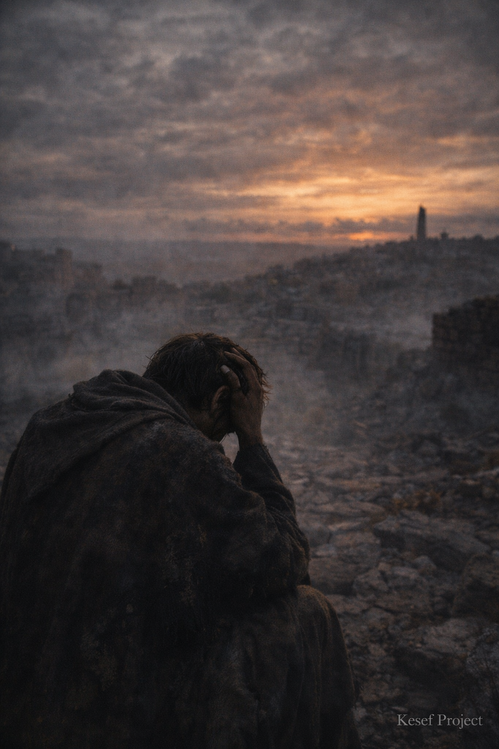 Christian devotional image showing deep emotional pain and reflection over ruins, representing how pain activates purpose in the story of Nehemiah