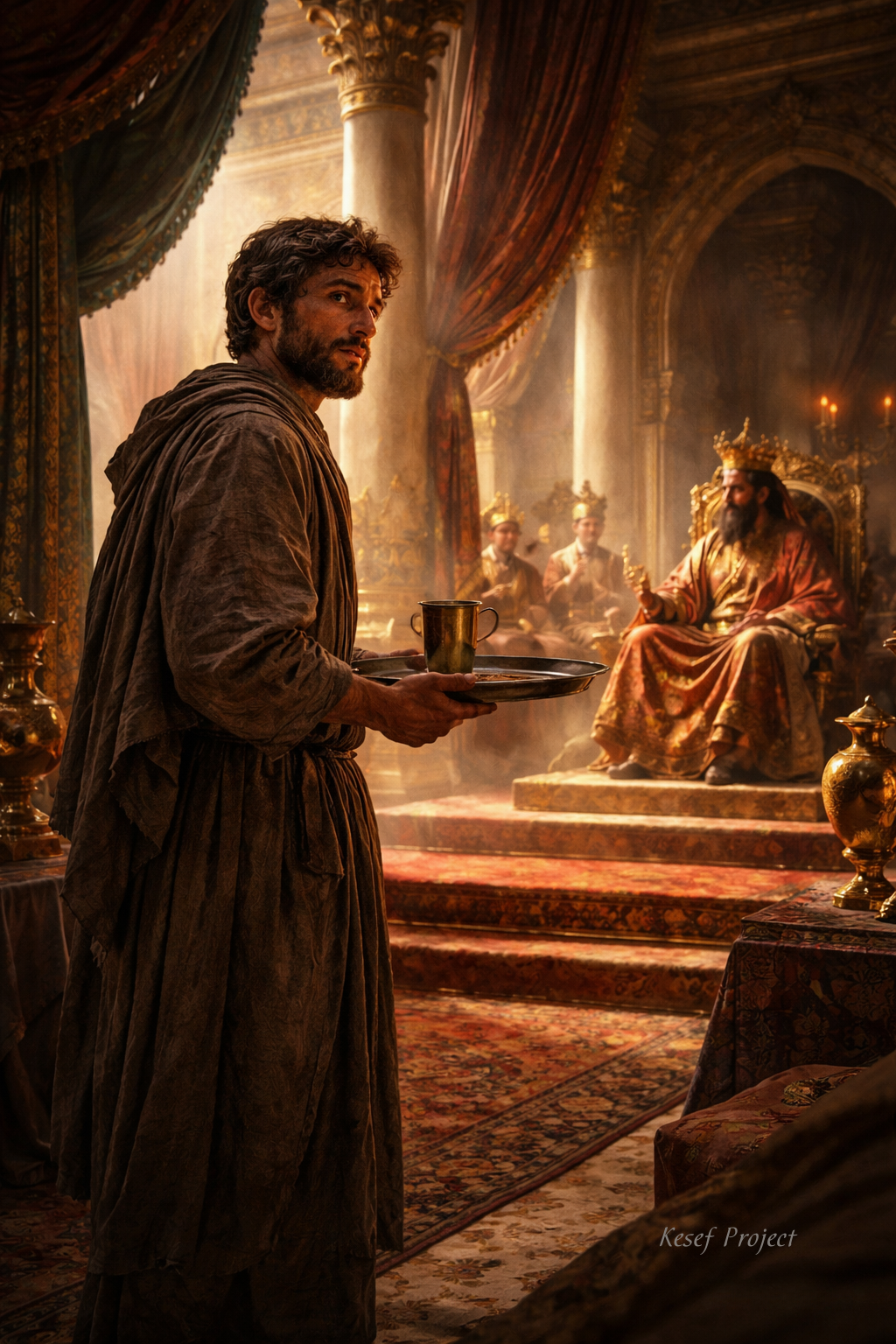 Christian devotional image of Nehemiah serving the Persian king in a palace, representing being positioned by God in an unexpected place for a greater purpose