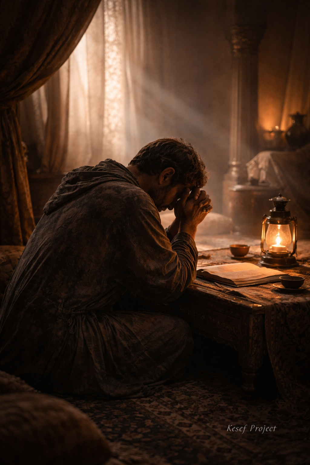 Christian devotional image of a man praying in a quiet room with warm light, representing spiritual alignment and seeking God before taking action like Nehemiah