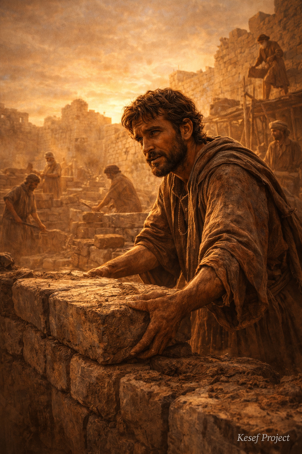 Christian devotional image of Nehemiah rebuilding a stone wall with other workers, representing how God uses willing people to fulfill His purpose