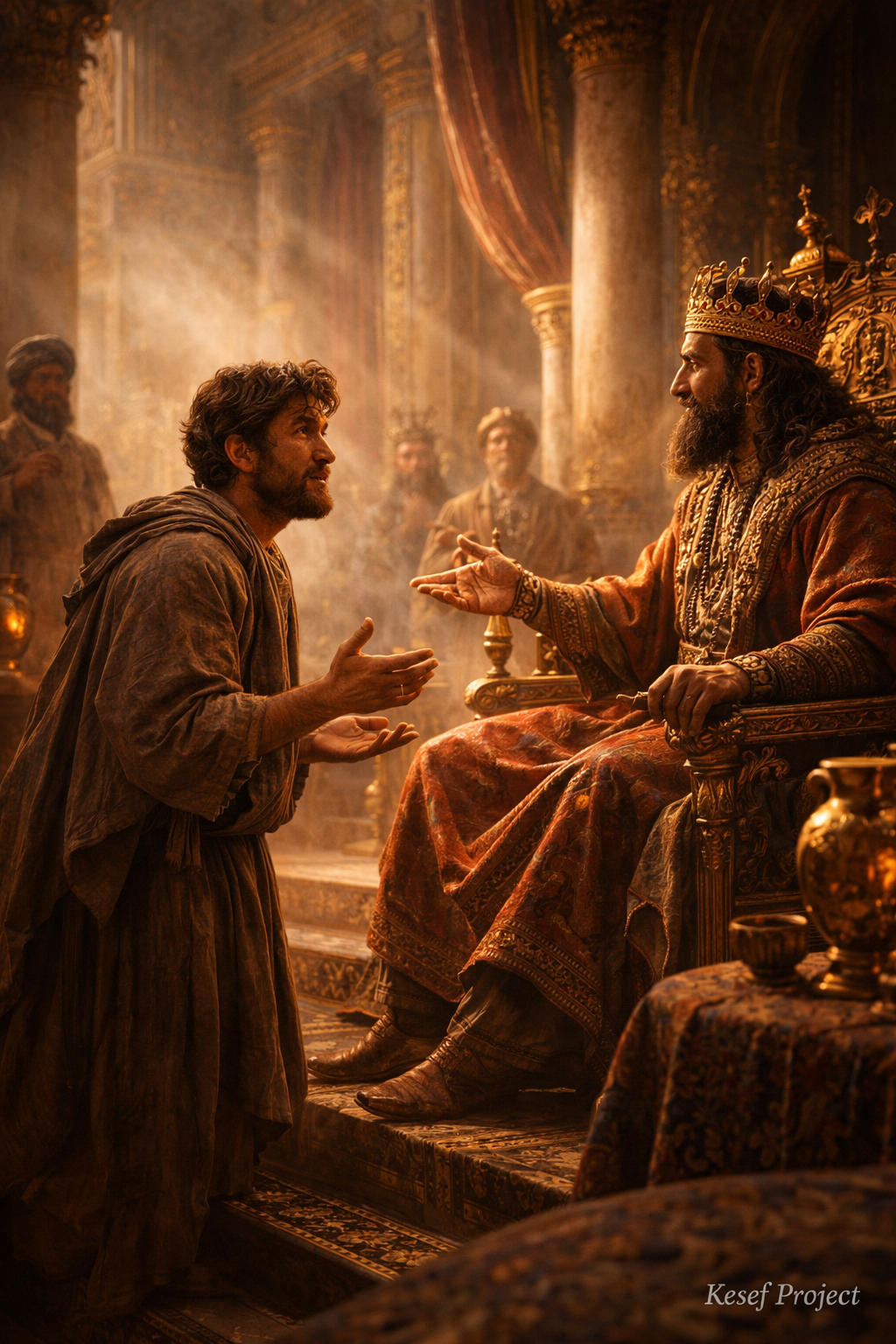 Christian devotional image of Nehemiah speaking respectfully to the Persian king in a palace, representing wisdom in speech and seeking God before responding