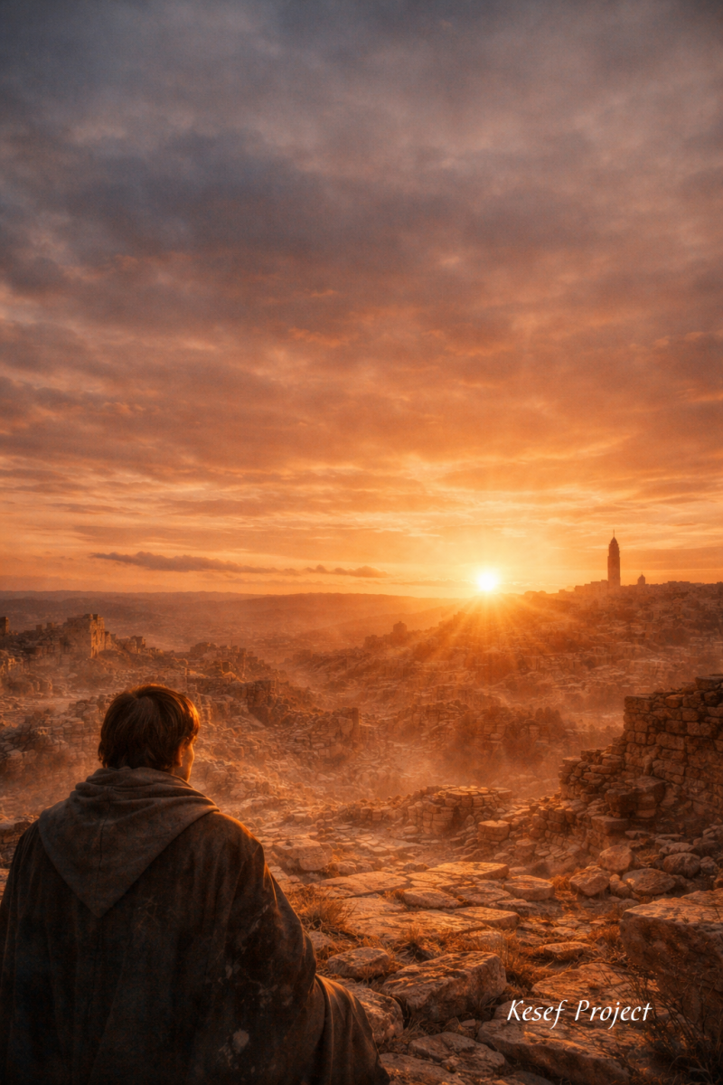 Christian devotional image of a person overlooking ancient ruins at sunset, representing Nehemiah and God rebuilding life from brokenness