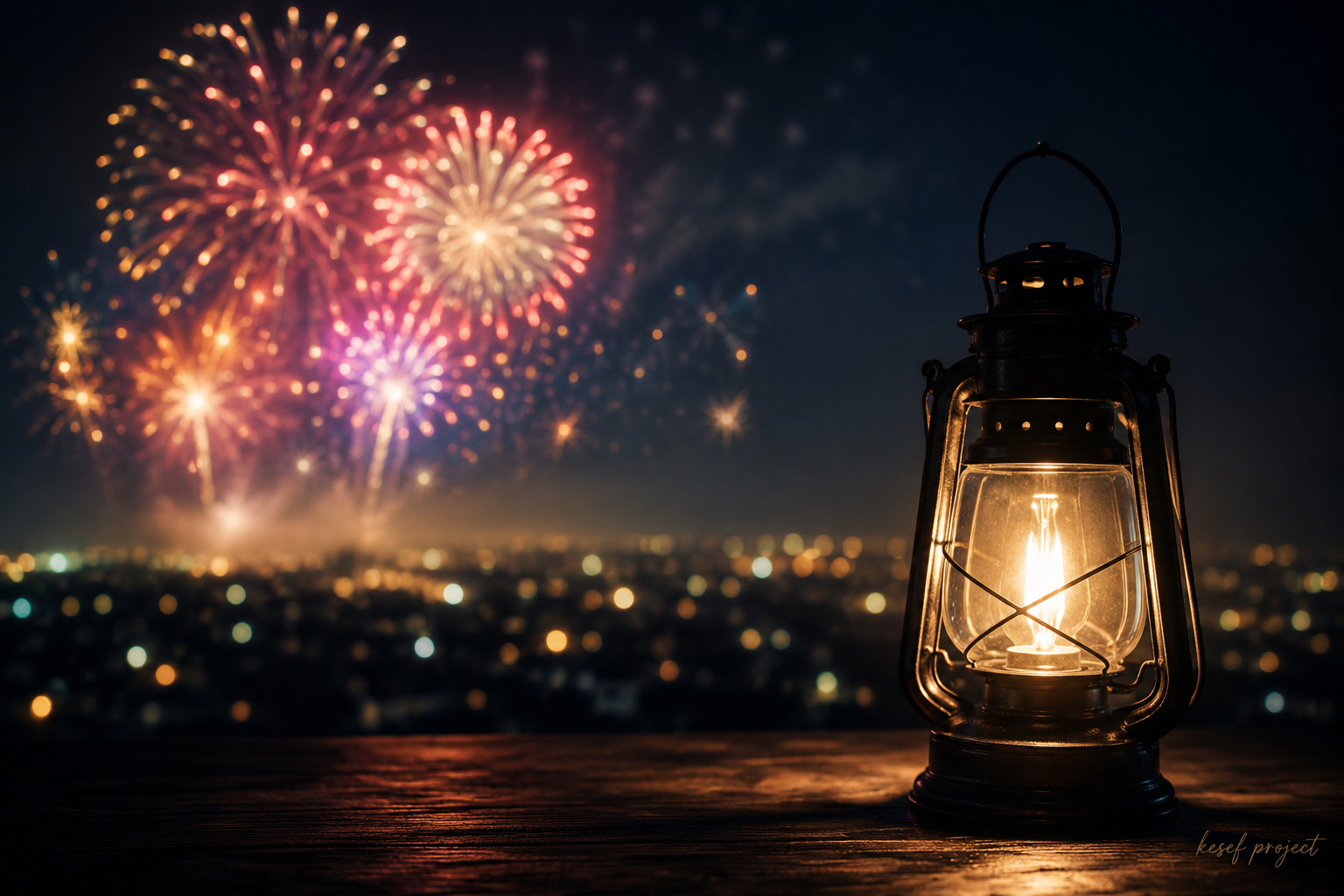 Warm lamp glowing in the foreground while fireworks illuminate the night sky in the background, symbolizing the contrast between being seen and giving light.