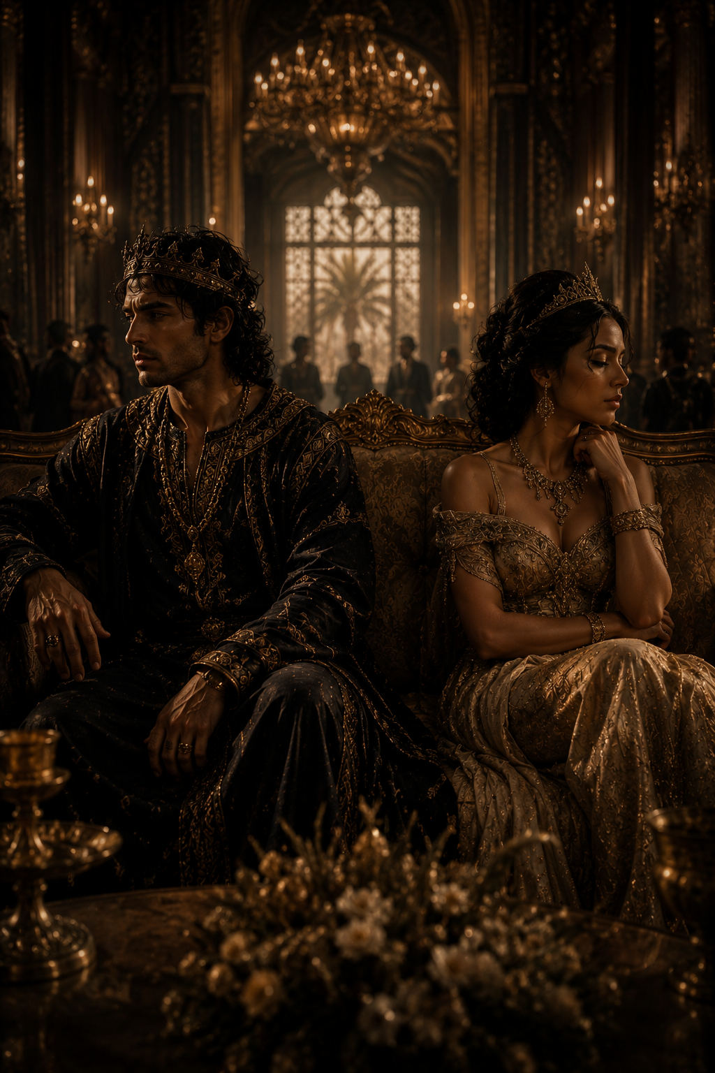 Elegant couple sitting emotionally distant despite their perfect outward appearance and luxurious setting.