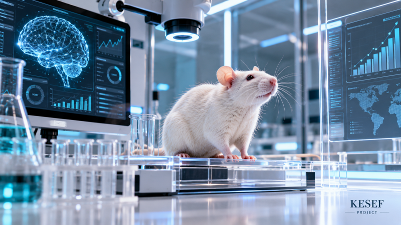 White laboratory rat standing on a transparent platform in a futuristic digital laboratory surrounded by blue data screens, scientific equipment, and analytics displays. Kesef Project.