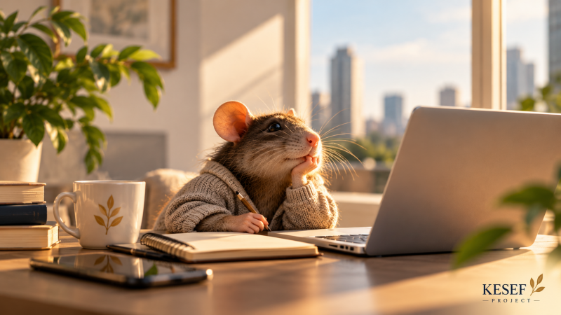 Anthropomorphic rat wearing a knitted sweater, writing in a notebook beside a laptop in a sunlit workspace, representing the experience of learning and experimenting with online business. Kesef Project.