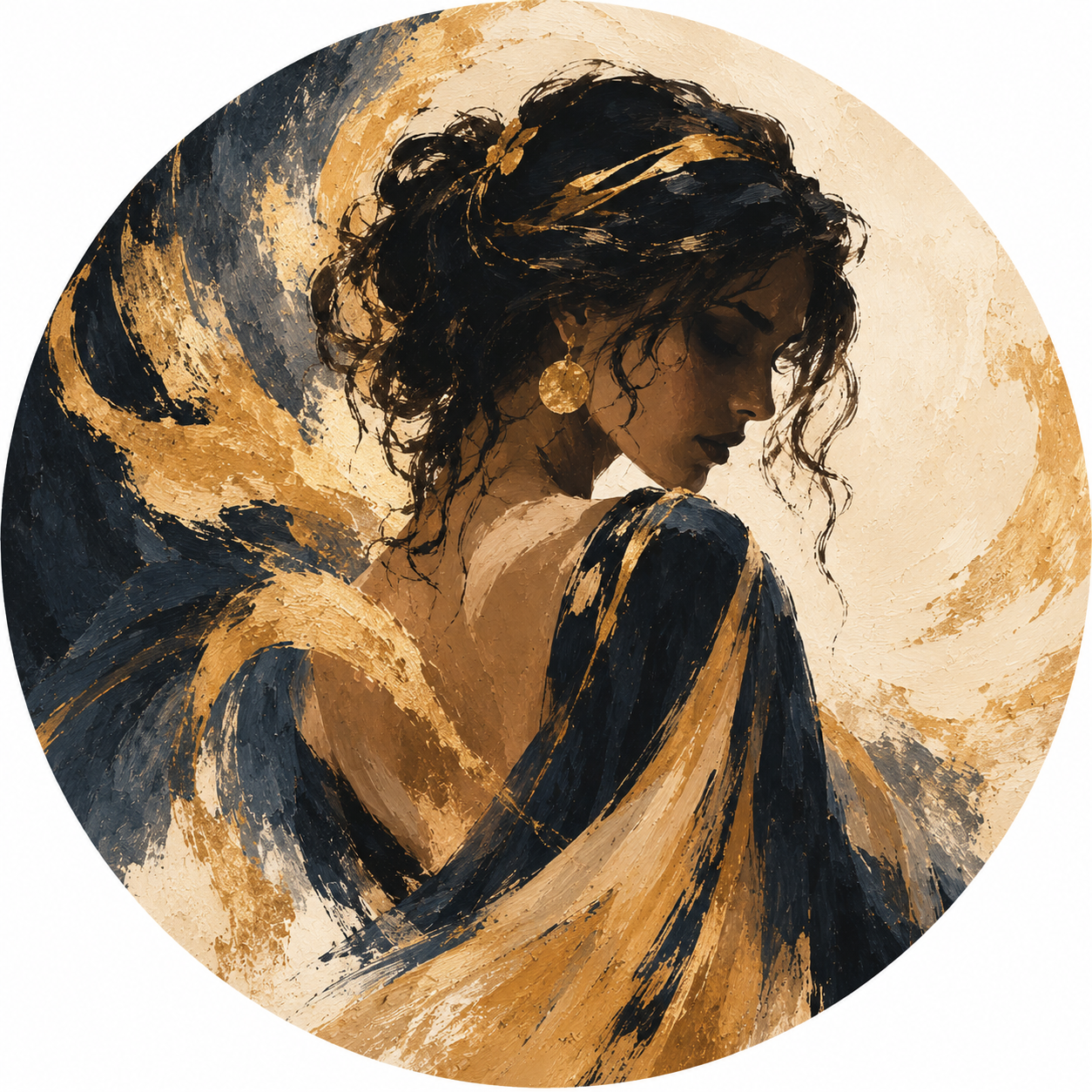 Woman in shadow and light, illustrated in navy, cream, and ochre gouache.