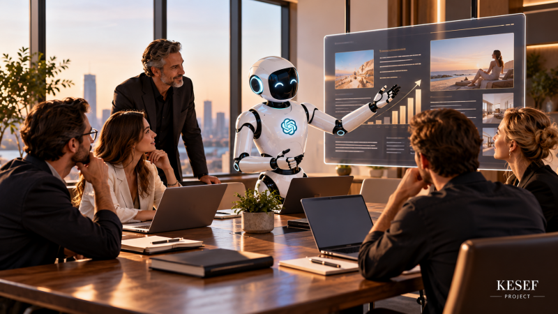 AI robot leading a strategy meeting with business professionals seated around a conference table, illustrating the relationship between artificial intelligence and online business gurus. Kesef Project.