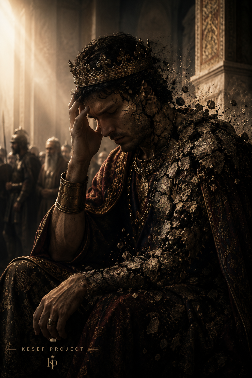 Cinematic portrait of King Saul emotionally collapsing under pride, comparison, and inner destruction.