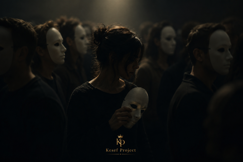 A cinematic editorial image showing a woman holding a mask while surrounded by masked people, symbolizing the pressure of human approval and loss of identity.