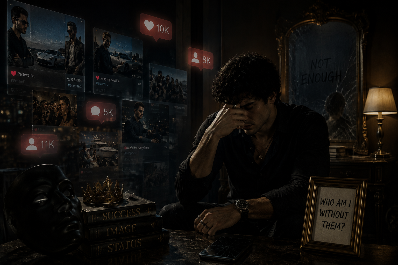 Man overwhelmed by social media validation and identity pressure while sitting emotionally exhausted in isolation.