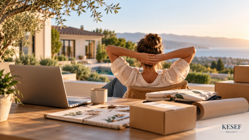 Woman relaxing on a terrace overlooking a luxury home and coastal landscape, with a laptop and print-on-demand products on the desk, representing the promise of online business success. Kesef Project.