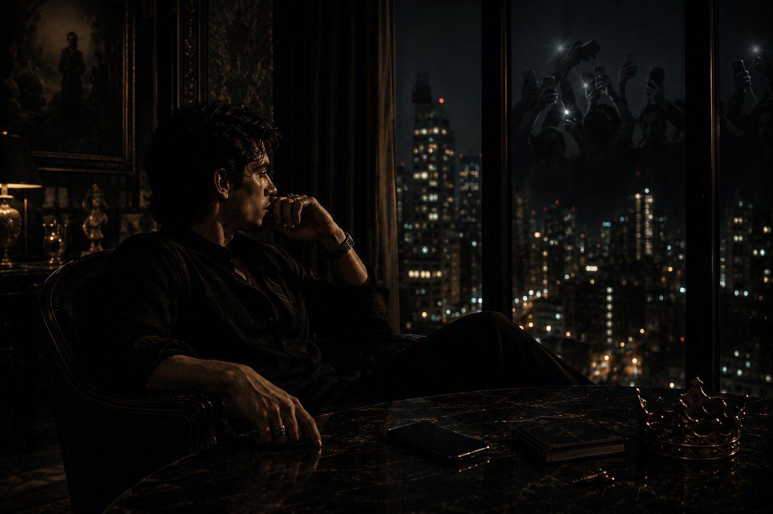 Man sitting alone in silence while reflections of social media attention and phone flashes appear in the window.