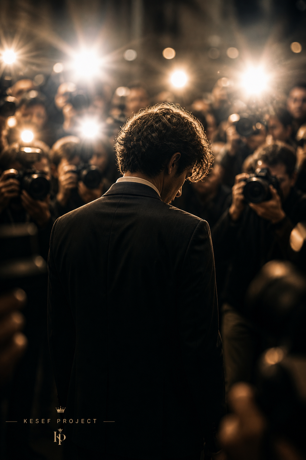 Man surrounded by camera flashes while standing emotionally isolated in a crowd seeking attention and validation.