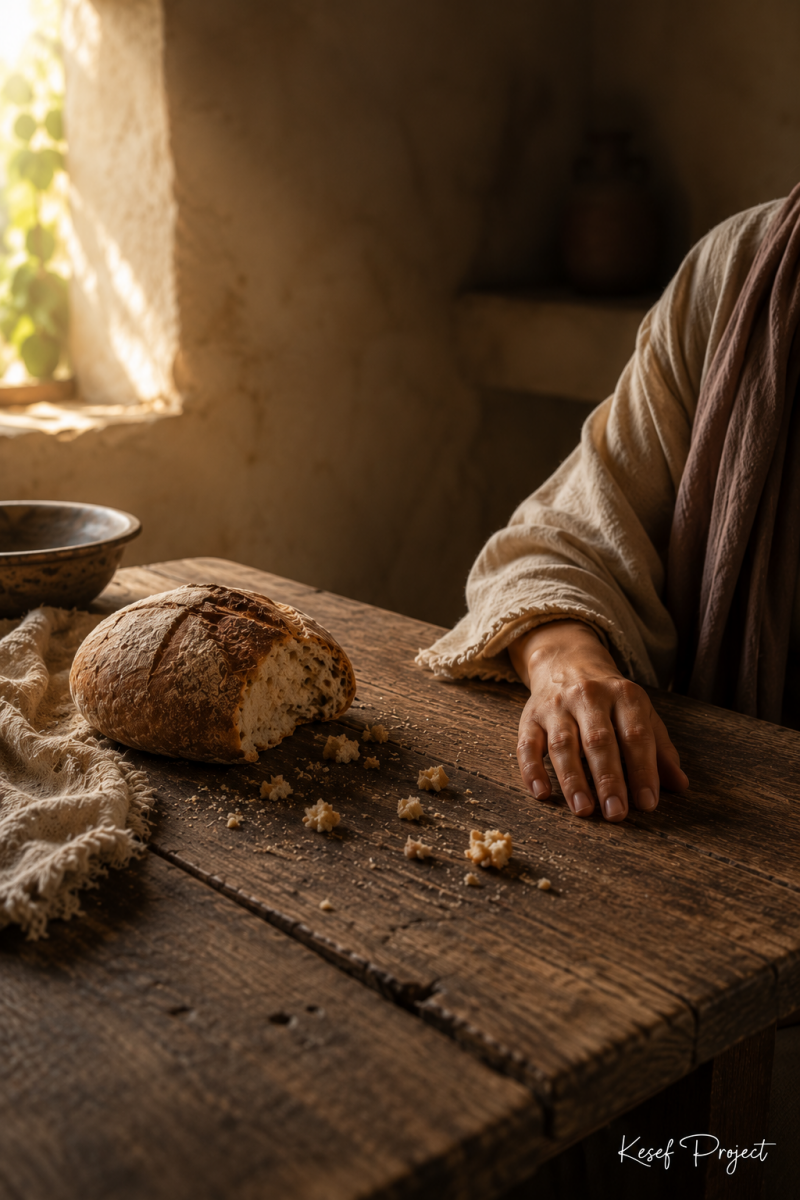 Rustic wooden table with artisan bread, scattered crumbs, and a woman's hand resting nearby.