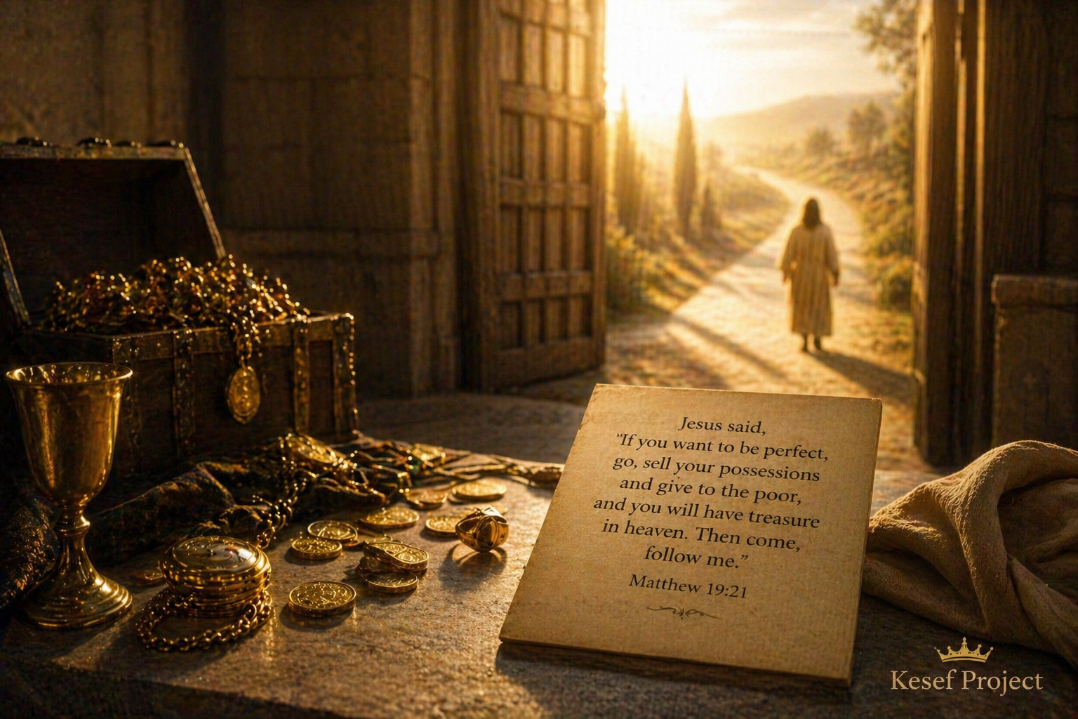 Gold and possessions left on a table beside an open path, symbolizing the struggle to let go and follow a higher calling