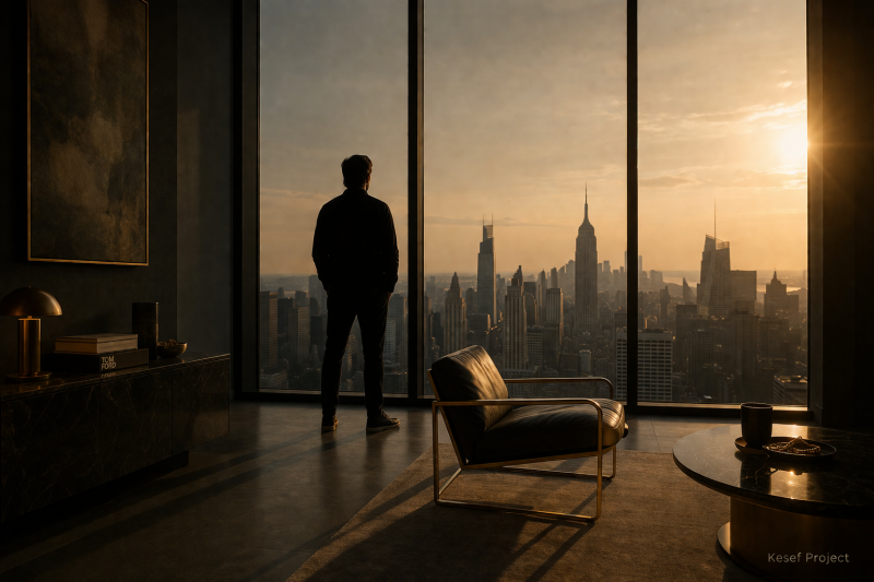 A man standing in a luxury apartment looking over the city,reflecting emptiness despite success and wealth.