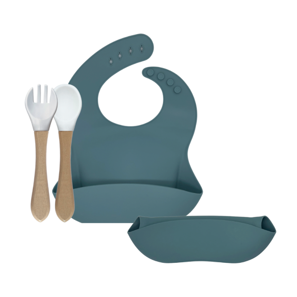 Siliconen slabber, groen, met Bamboe lepel en vorkje van Green Goose