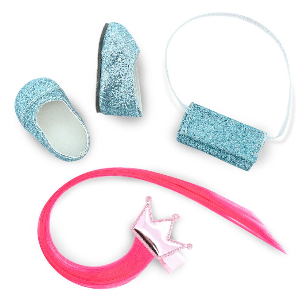 Sweet Sisters Footwaer blauwe glitter ballerina's,tasje, clip met haarextension