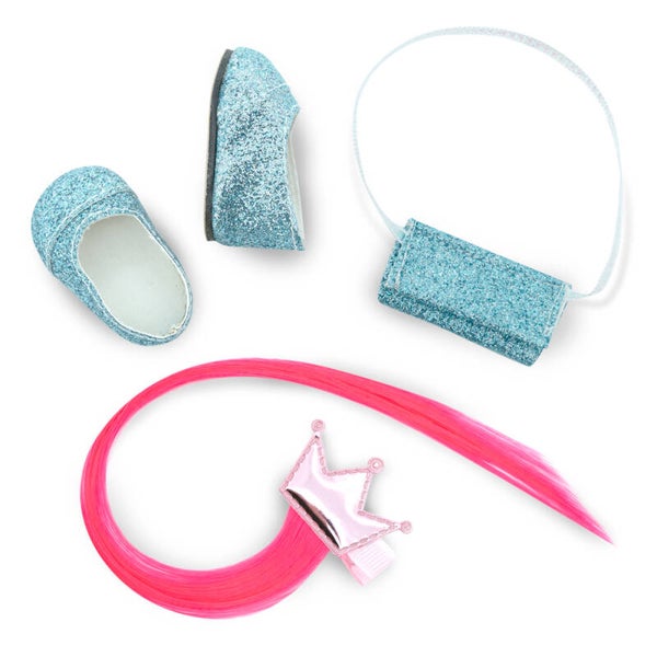 Sweet Sisters Footwaer blauwe glitter ballerina's,tasje, clip met haarextension