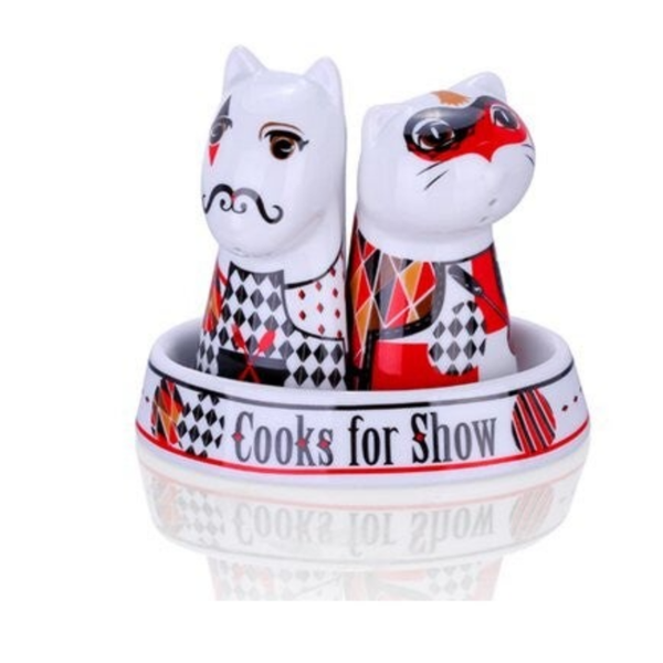 Cooks for show– 3-delige hond en kat  peper & zoutvaatje met dienblaadje