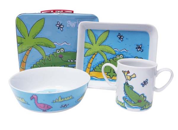 Serviesje 4-delig, porselein Nijlpaard in een tinnen koffer