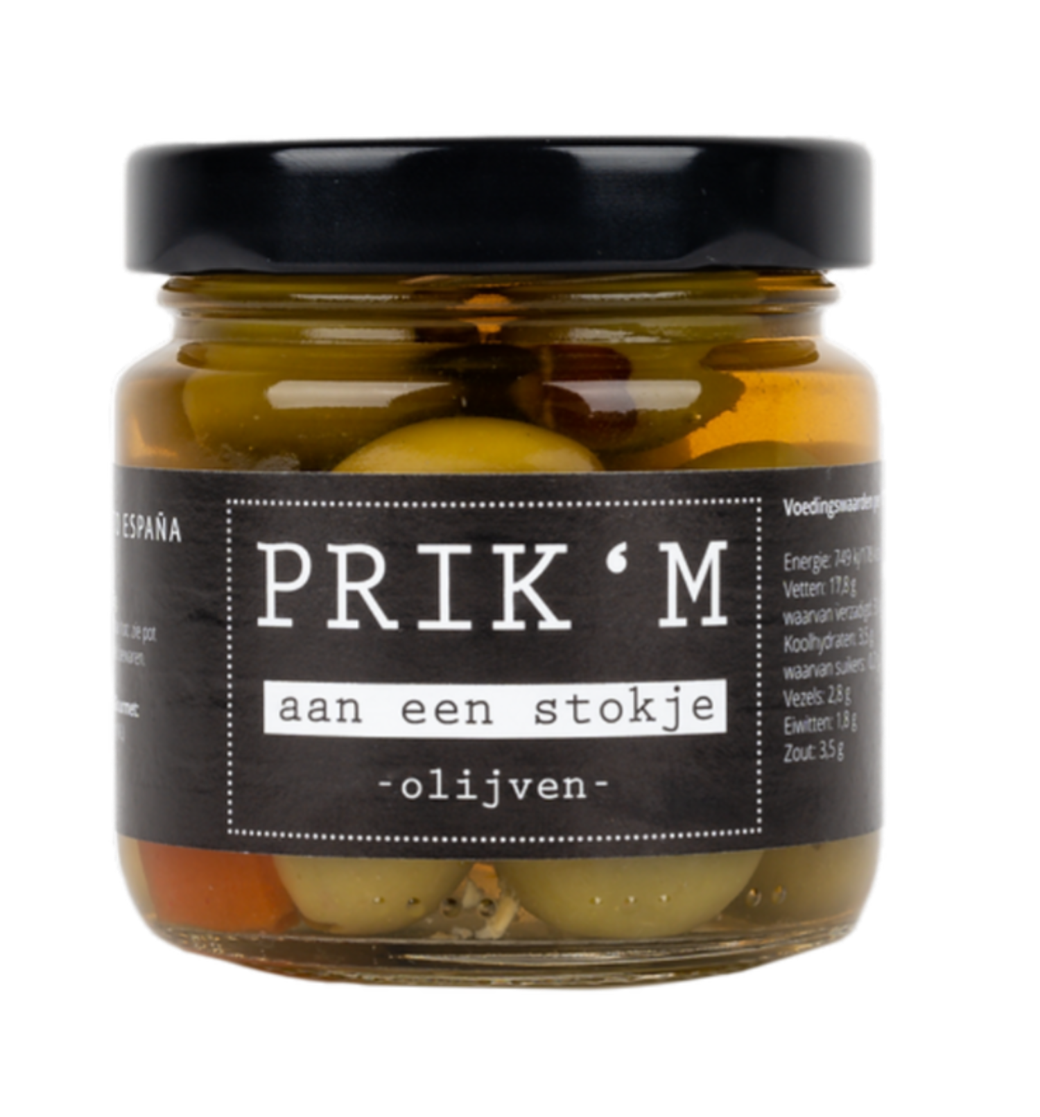 Prik 'm aan een stokje. Potje met heerlijke olijven.