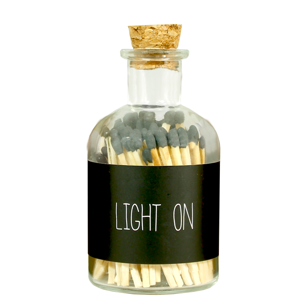 Light on lucifers, zwart. In glazen pot