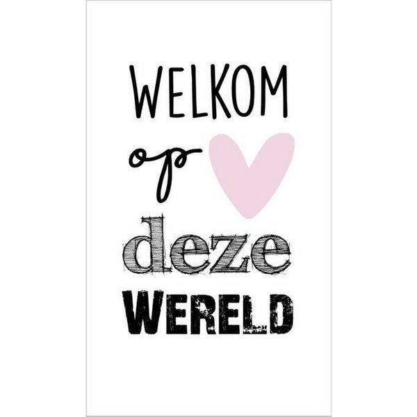 Kaartje, klein. Welkom op deze wereld. Roze hartje