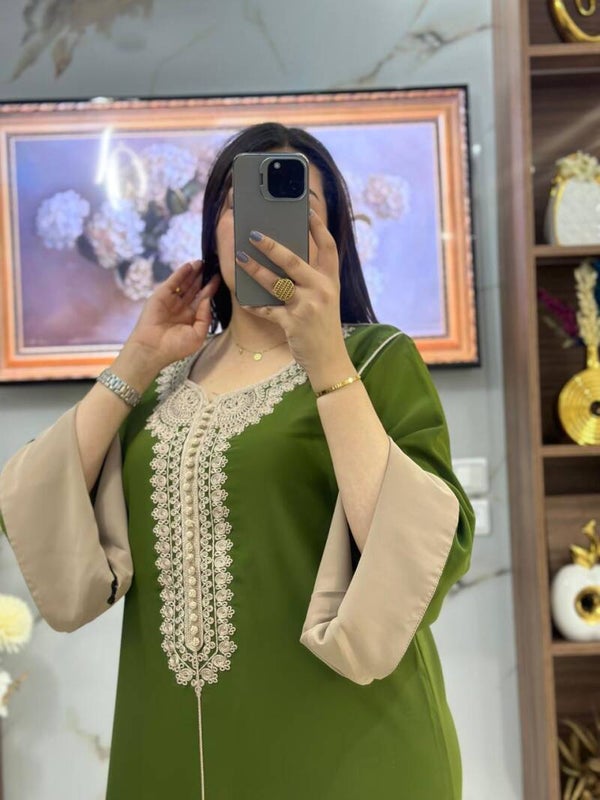 Gandoura caftan vert/ beige