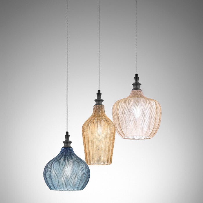 Hanglamp E27 – Matzwart – Gemengd Glas (Amber, Oker, Kobalt) – 3-Lamps – IP20
