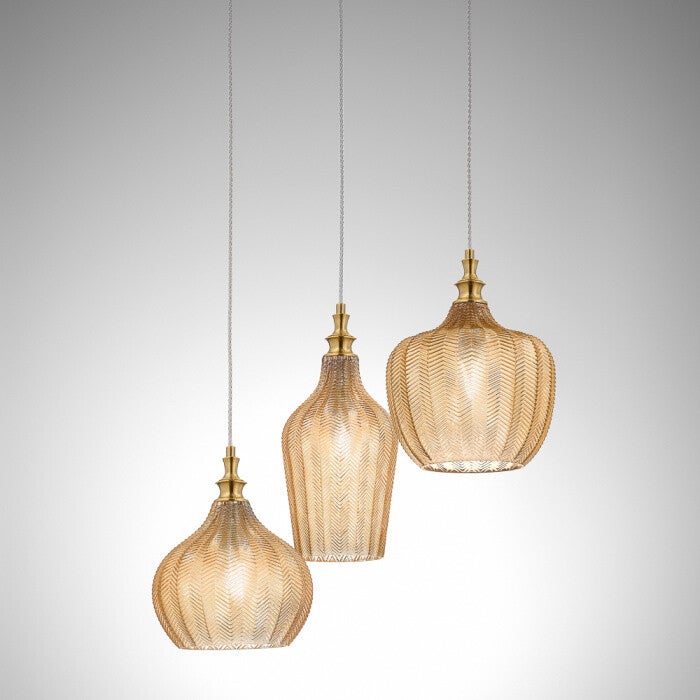 Hanglamp E27 – Messing – Helder Amber Glas – 3-Lamps – IP20