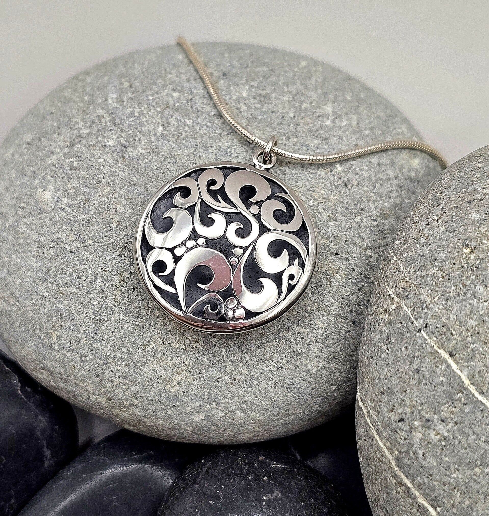 Sterling Silver Scroll Pendant – Handcrafted Design with Blackened Detail