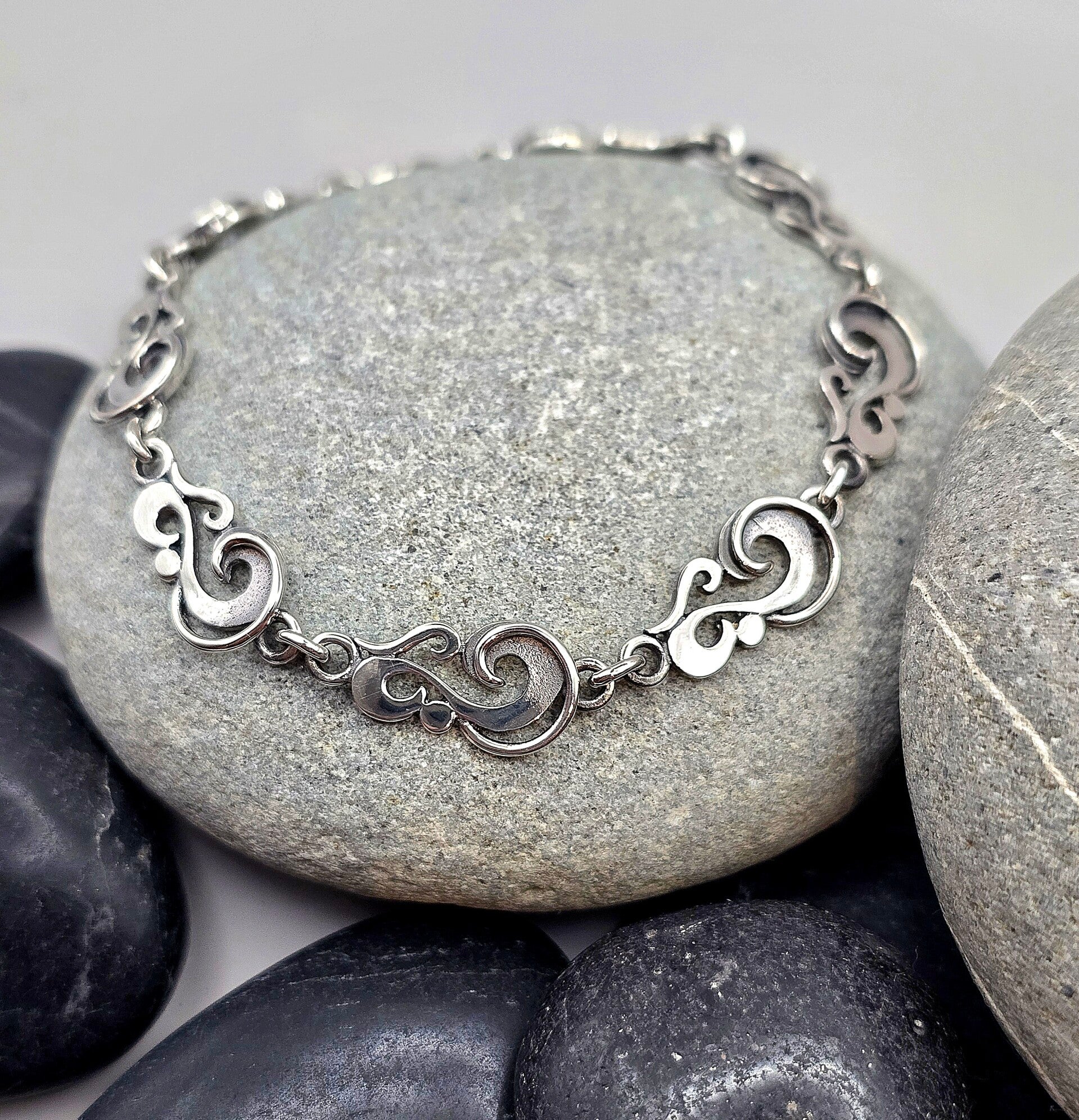 Sterling Silver Scroll Link Bracelet – Delicate Handcrafted Design