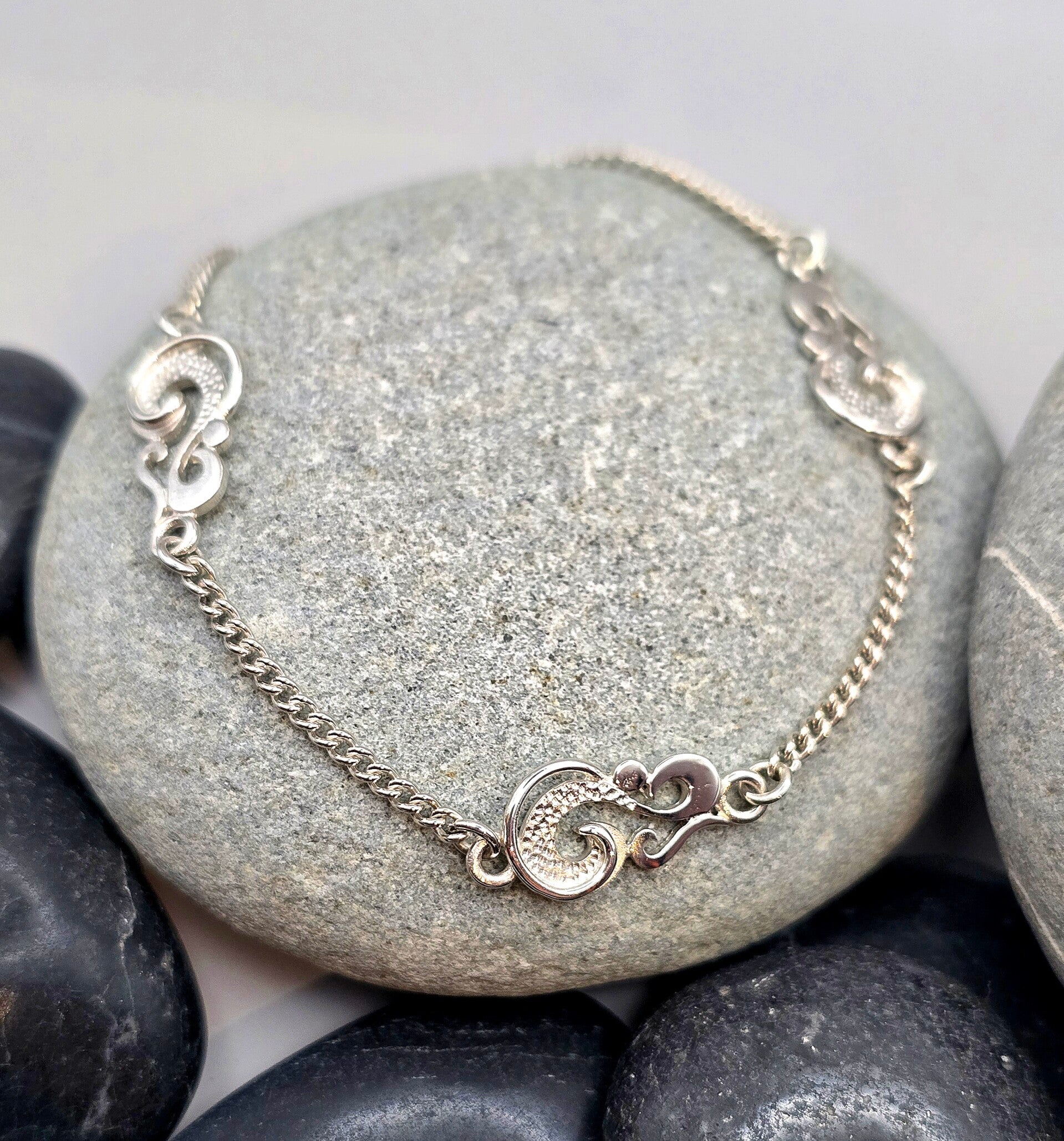 Sterling Silver Scroll & Chain Bracelet – Delicate Handcrafted Design
