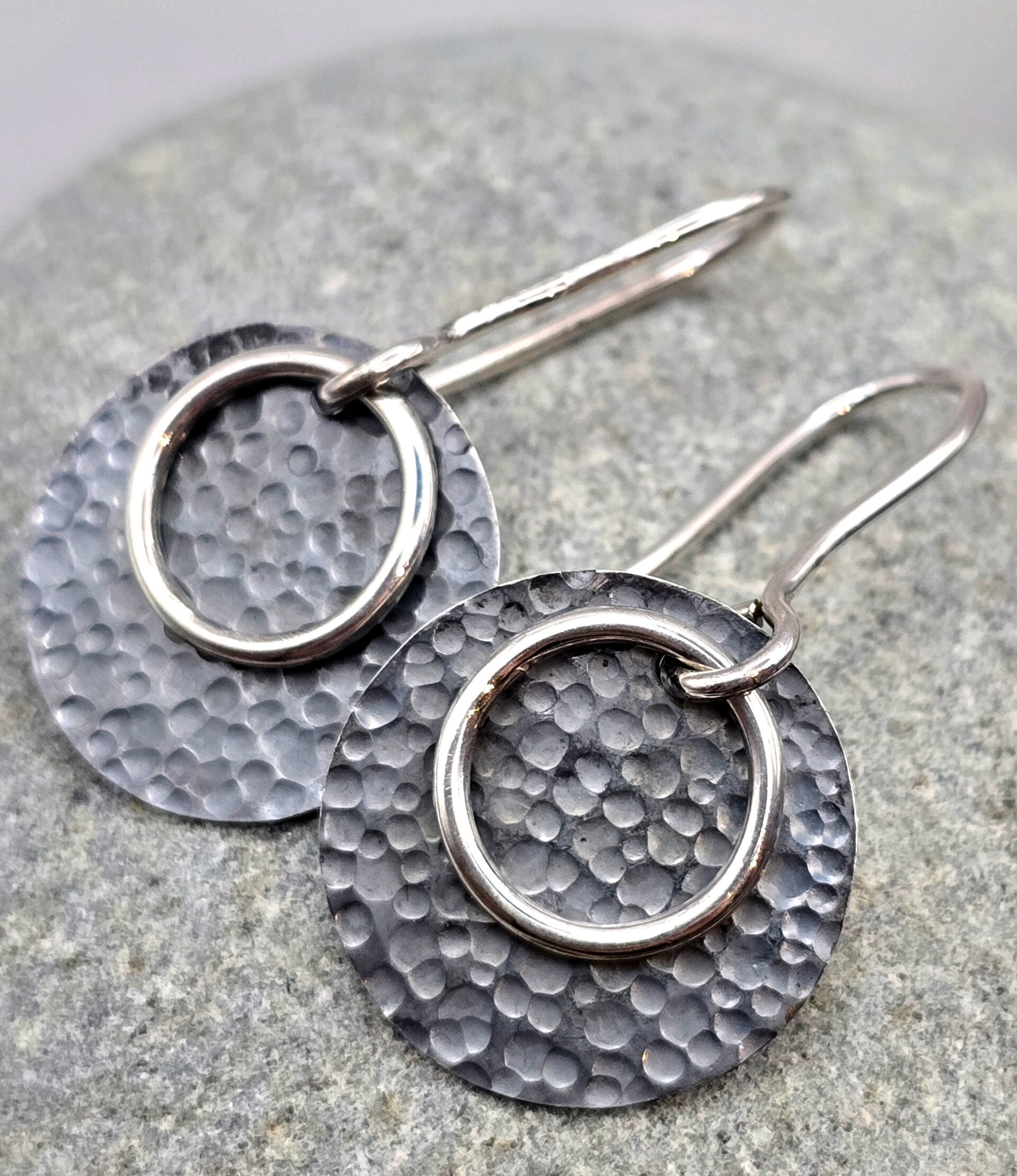 Sterling Silver Hammered Disc & Ring Earrings – Textured Contrast Design