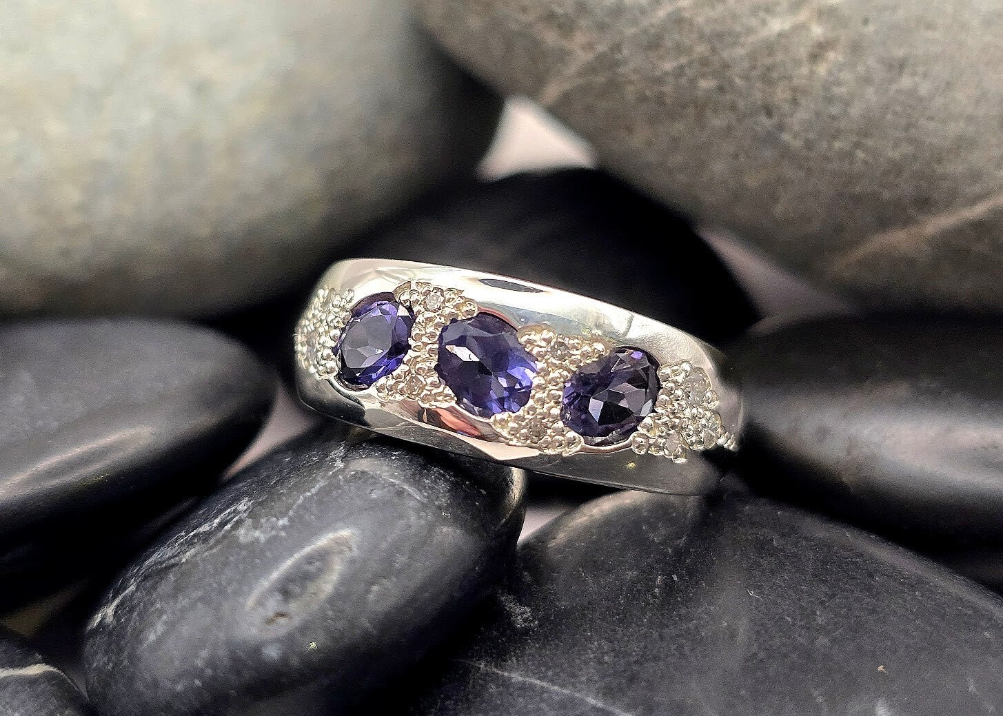 Handmade Heavy Silver Iolite & Diamond Band