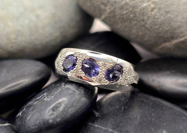 Handmade Heavy Silver Iolite & Diamond Band