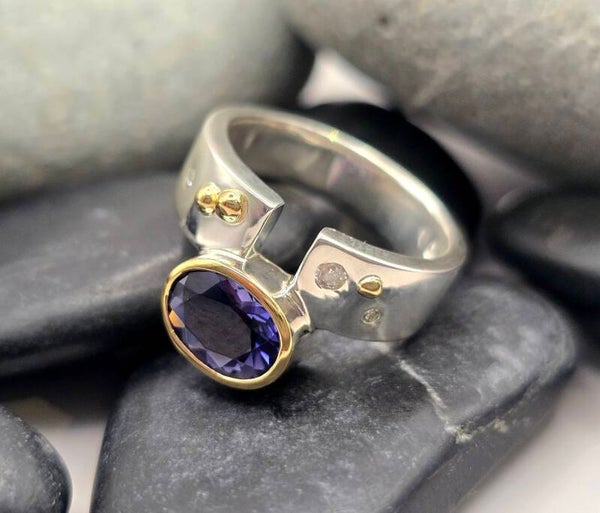 Silver & 18ct Iolite and Diamond Asymmetric Ring